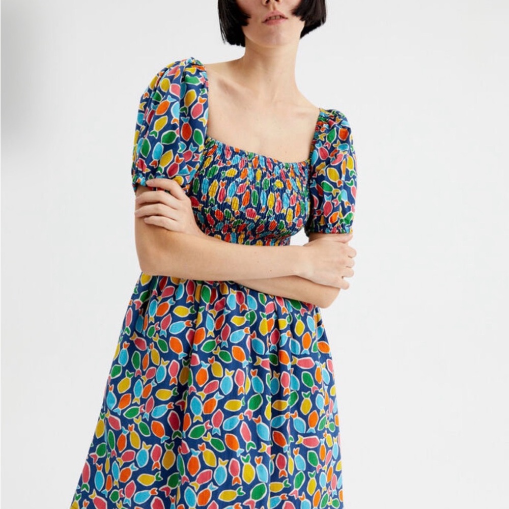 Compania fantastica hake print smocking pockets small mini dress small nwt - Picture 1 of 9